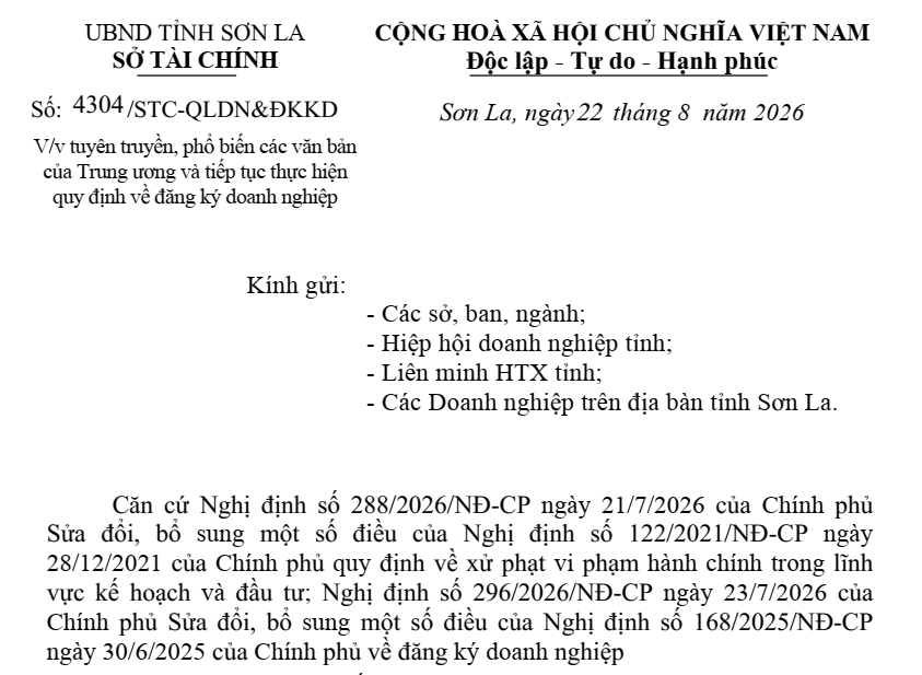 Công văn số 4304/STC-QLDNĐKKD về việc tuyên truyền, phổ biến các văn bản của Trung ương và tiếp tục thực hiện quy định về đăng ký doanh nghiệp