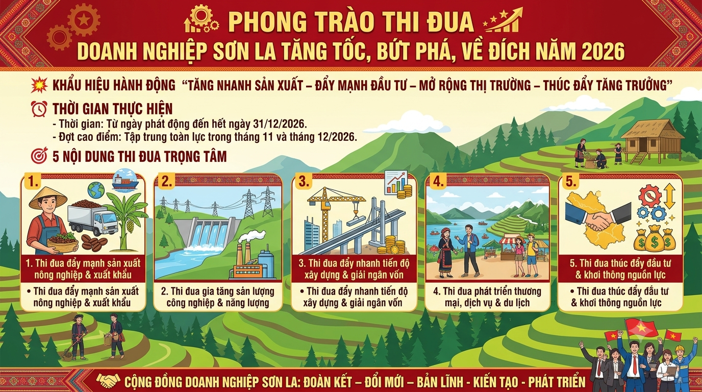 Hiệp hội Doanh nghiệp tỉnh Sơn La phát động đợt thi đua đặc biệt “Doanh nghiệp Sơn La tăng tốc, bứt phá, về đích năm 2026”