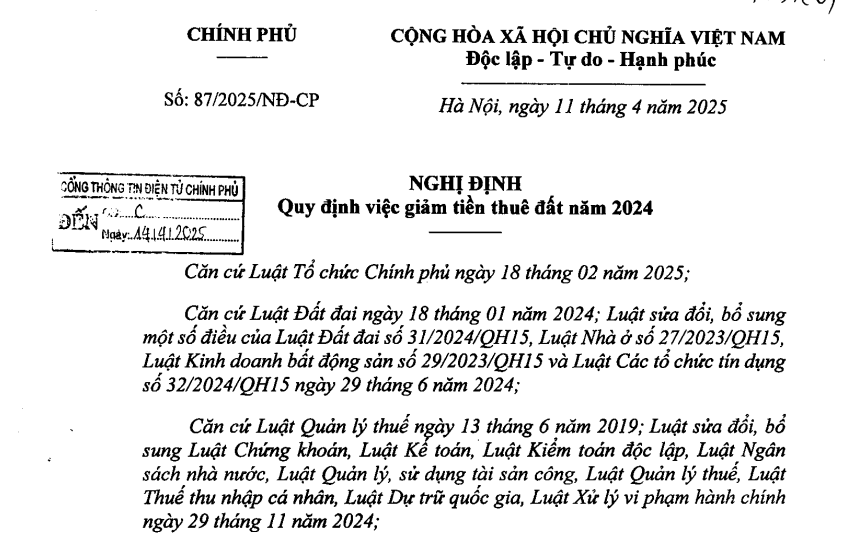 Nghị định 87/2025/NĐ-CP quy định giảm tiền thuê đất năm 2024